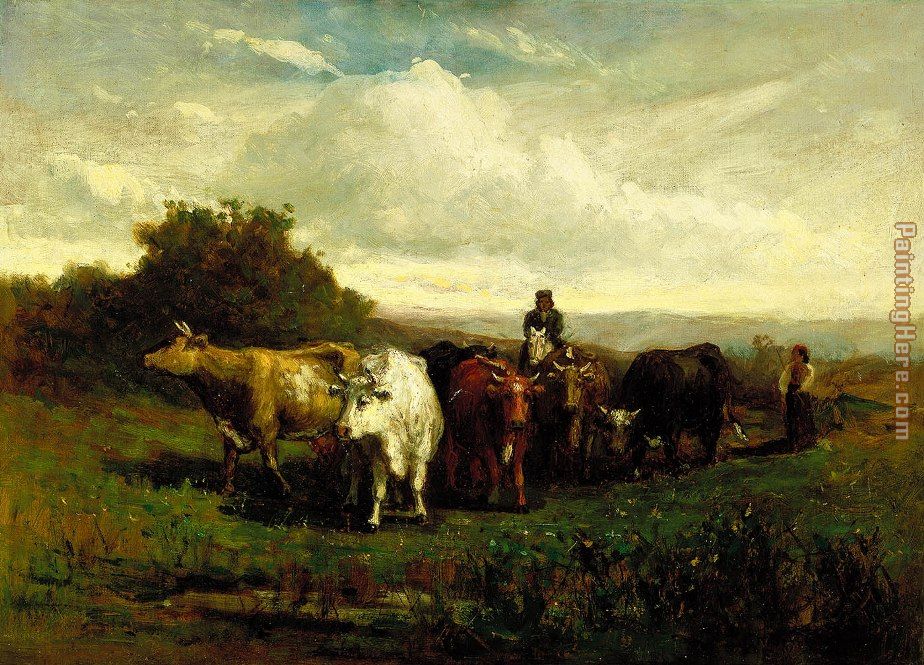 man on horseback, woman on foot driving cattle painting - Edward Mitchell Bannister man on horseback, woman on foot driving cattle art painting